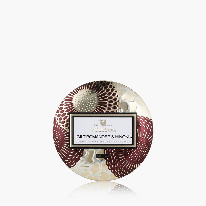 Voluspa Duftkerze Gilt Pomander Hinoki Limited Holiday Edition Minidose mit Deckel