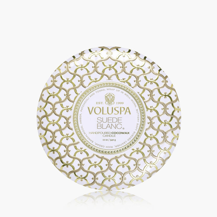 Voluspa 3-Docht Duftkerze Suede Blanc | Dose mit Deckel