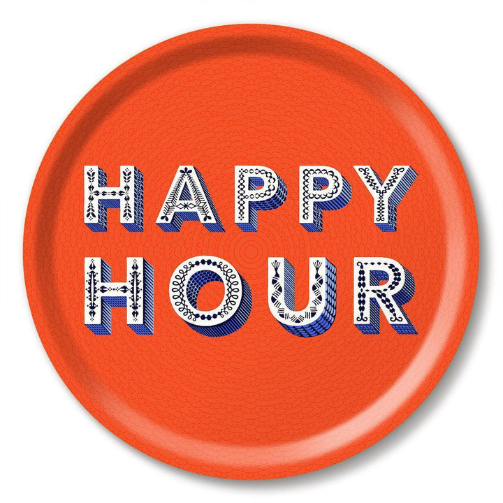 Orange Tablett von Jamida of Sweden mit blau-weißem Happy Hour Schriftzug, stylisch, Codeso Living