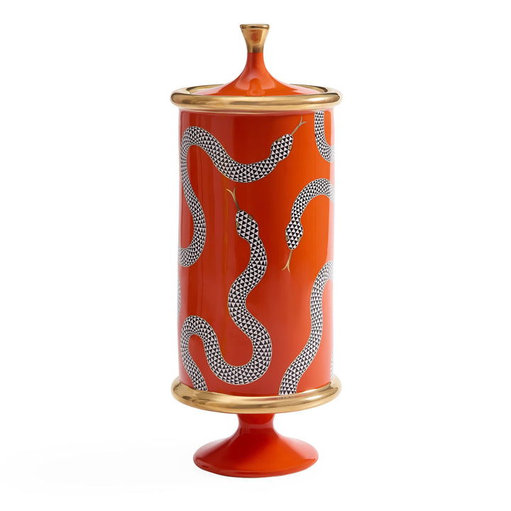 Jonathan Adler Eden Canister in Orange mit Schlangenmotiv, Goldrand und Fußsockel