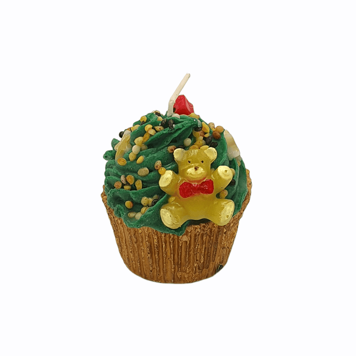 Weihnachtskerze als Cupcake mit grünem Topping und Deko-Bär, Luxus-Deko von Codeso Living