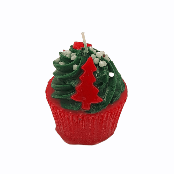Weihnachts-Kerze als roter Cupcake mit grünem Tannenbaum-Dekor, Glam Deko von Codeso Living