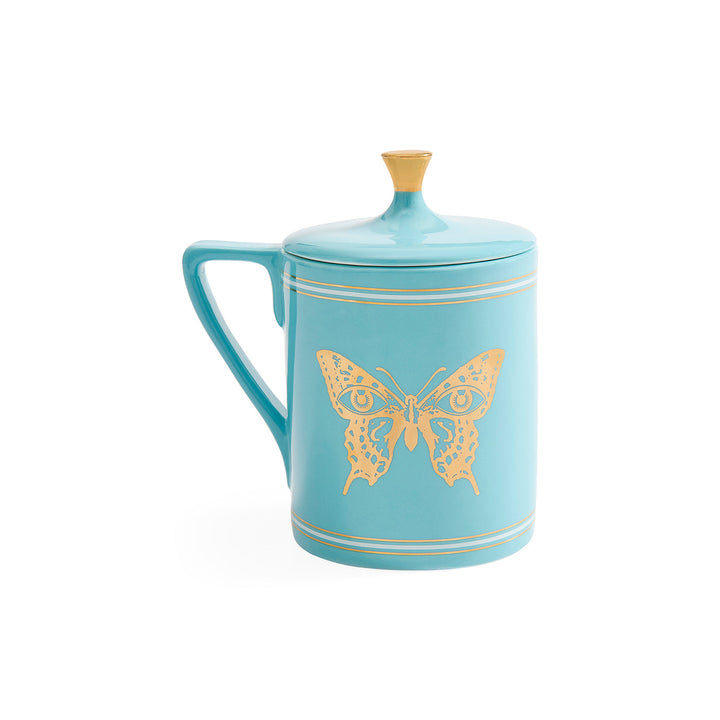Jonathan Adler Kaffeebecher Mariposa in Türkis mit goldenem Schmetterling und aufgesetztem Deckel