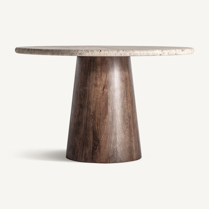 Vical Runder Travertin-Esstisch Varzi mit Holzfuß | Ø 130 cm