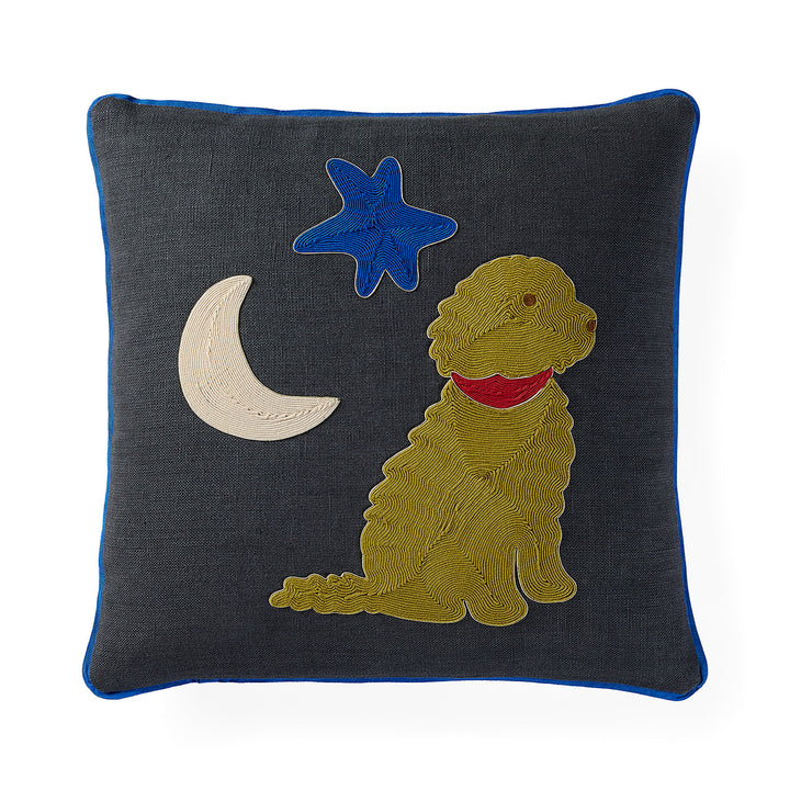 Jonathan Adler Kissen Playa Doodle aus schwarzem Leinen mit Kordelstickerei, Vorderansicht