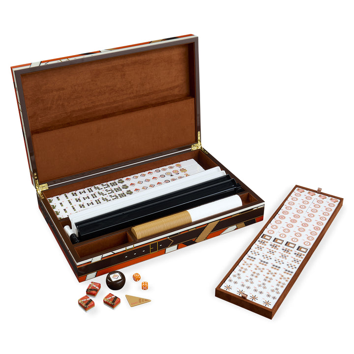 Jonathan Adler Mahjong Brettspiel Saville geöffnet mit Spielsteinen, Ablageschienen und Würfeln