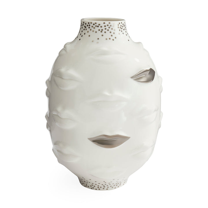 Jonathan Adler Sparkling Gala Vase aus weißem Porzellan mit umlaufenden Gesichtsreliefs und platinglänzenden Lippen