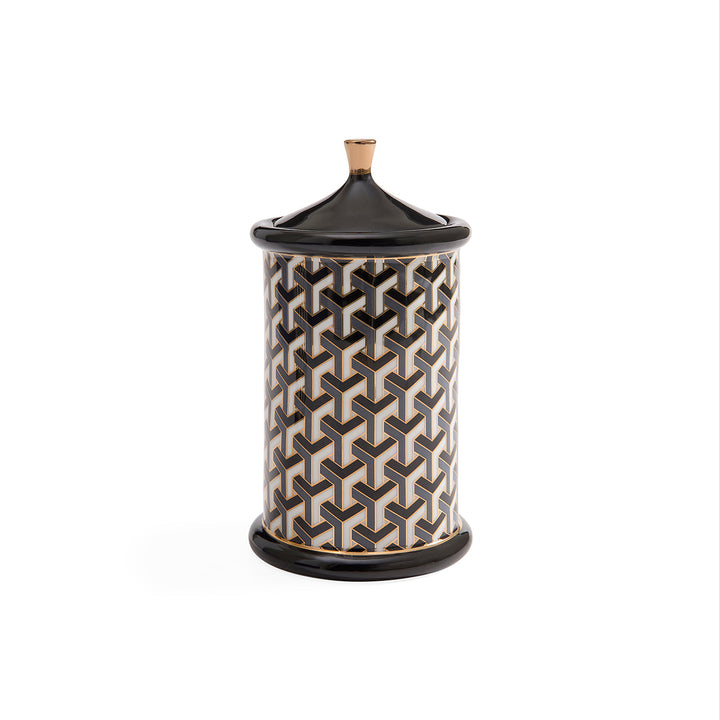 Jonathan Adler Vorratsdose Versailles 20 cm in Schwarz und Weiß mit dreidimensionalem Würfelmuster und goldenem Deckelknauf