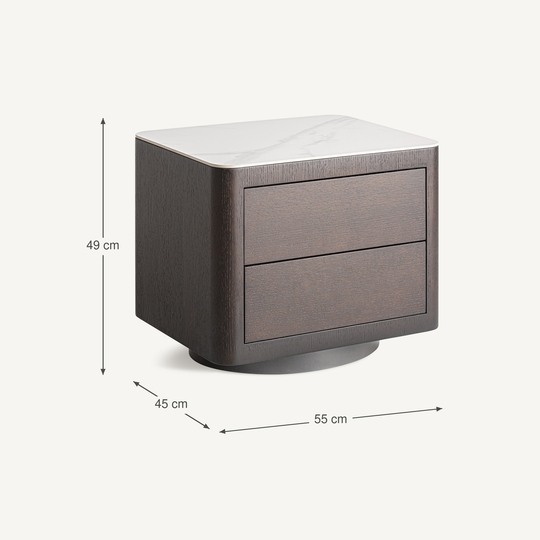 Vical Table De Nuit En Bois Wholen Avec Tiroirs Et Plateau En Pierre | Brun Foncé – Abmessungen
