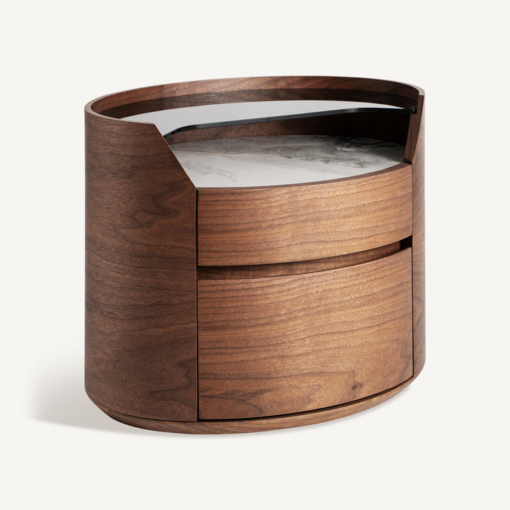 Vical Ovaler Holz-Nachttisch Lecco mit Glas- und Keramikablage, Schrägansicht mit marmorierter Keramikablage