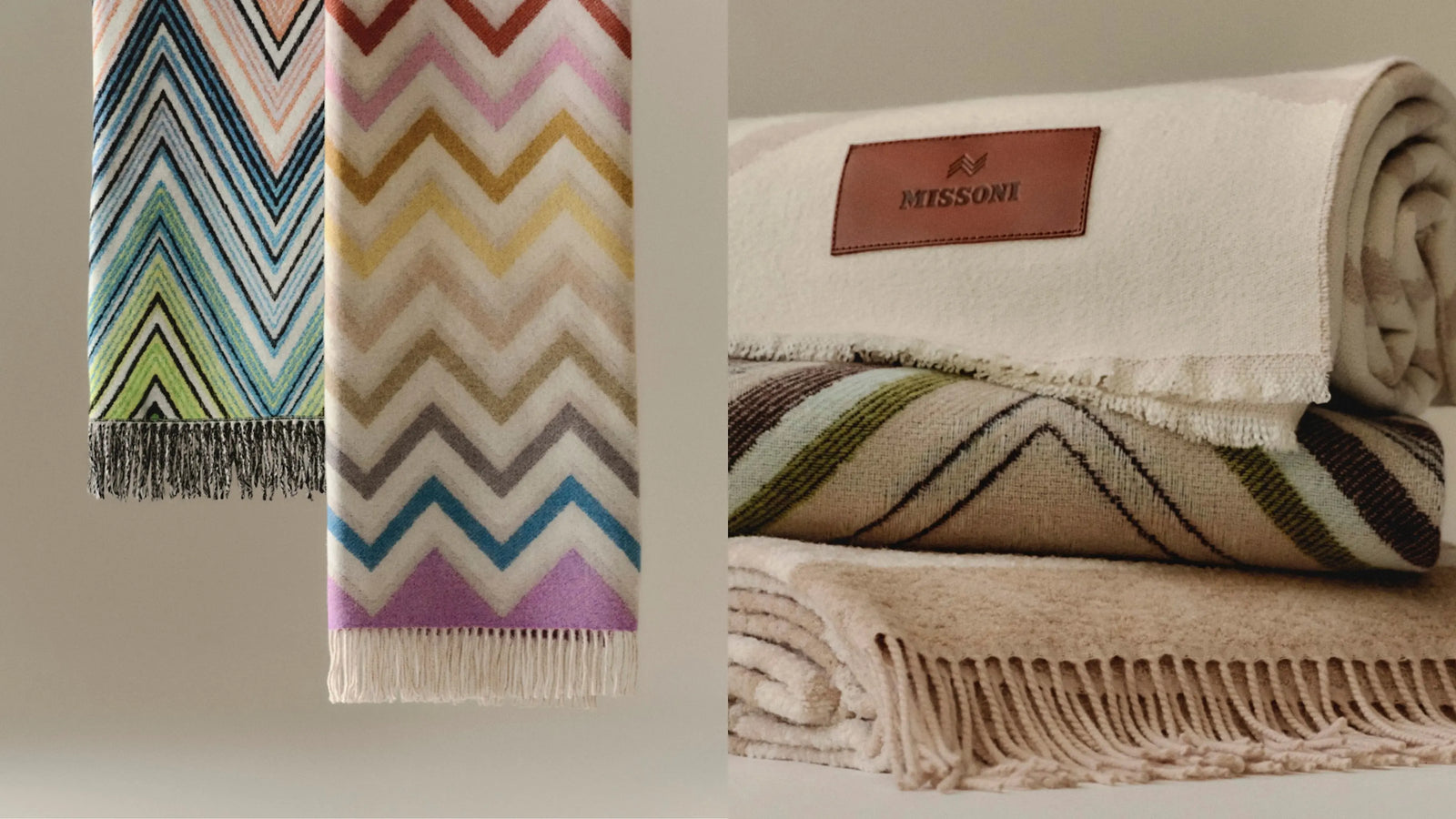 Missoni Decken mit ikonischem Zickzack-Muster und Fransen, luxuriöses Interior bei Codeso Living
