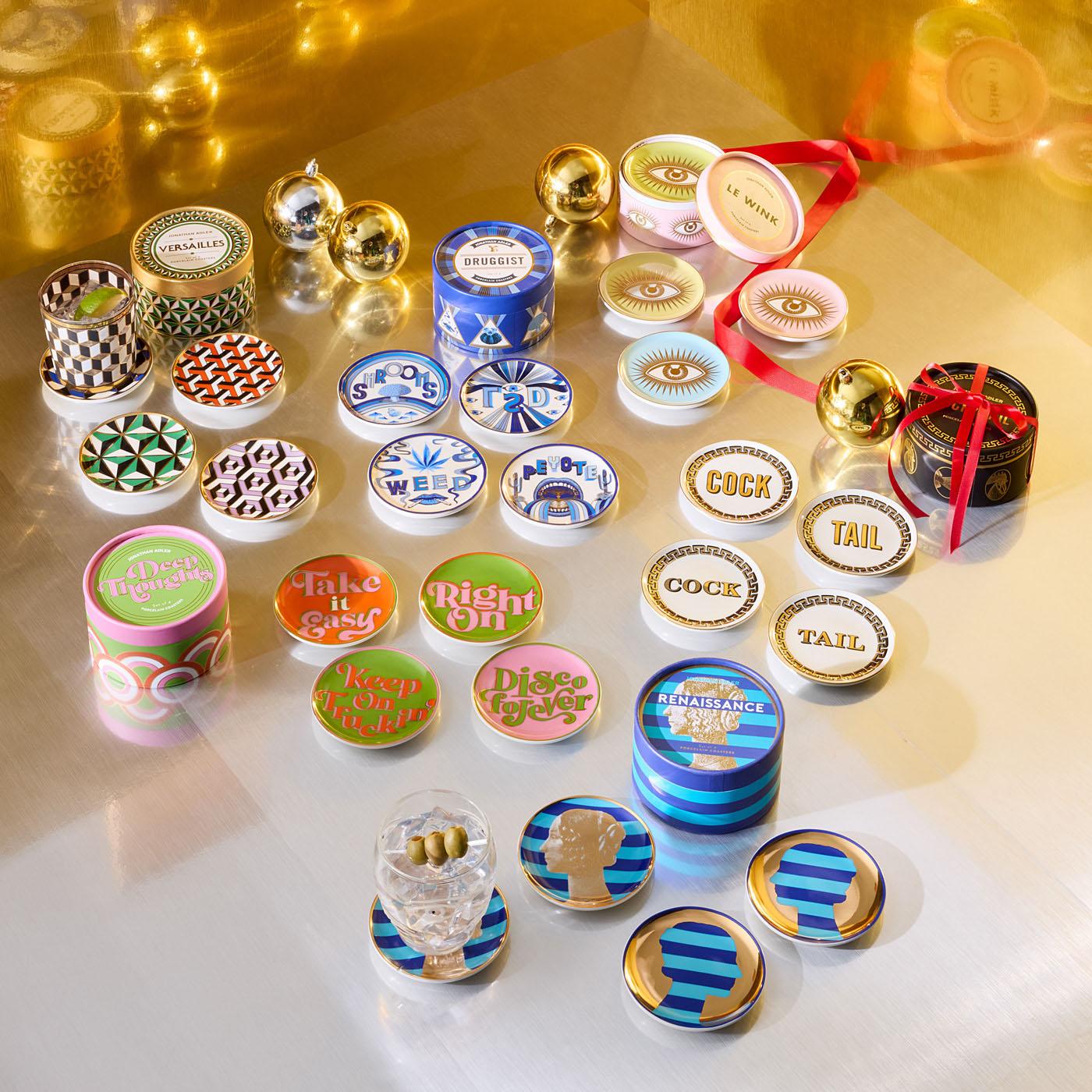 Bunte, luxuriöse Untersetzer mit auffälligen Designs und Sprüchen auf glänzender Oberfläche, Codeso Living