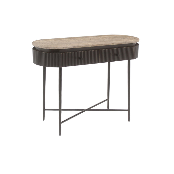 Richmond Interiors ovale Travertin-Konsole Russo braun mit 2 Schubladen