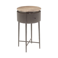 Richmond Interiors round travertine side table Russo brown with drawer