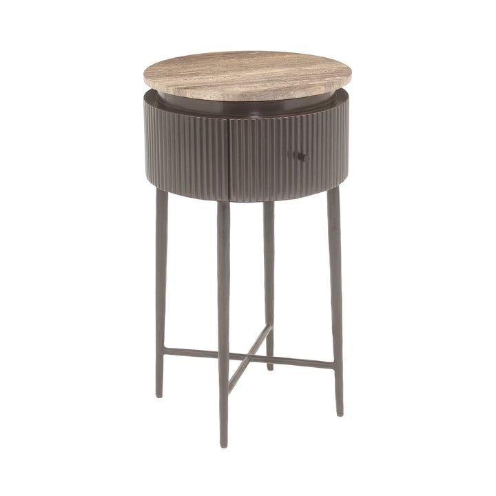 Richmond Interiors runder Travertin-Beistelltisch Russo braun mit Schublade
