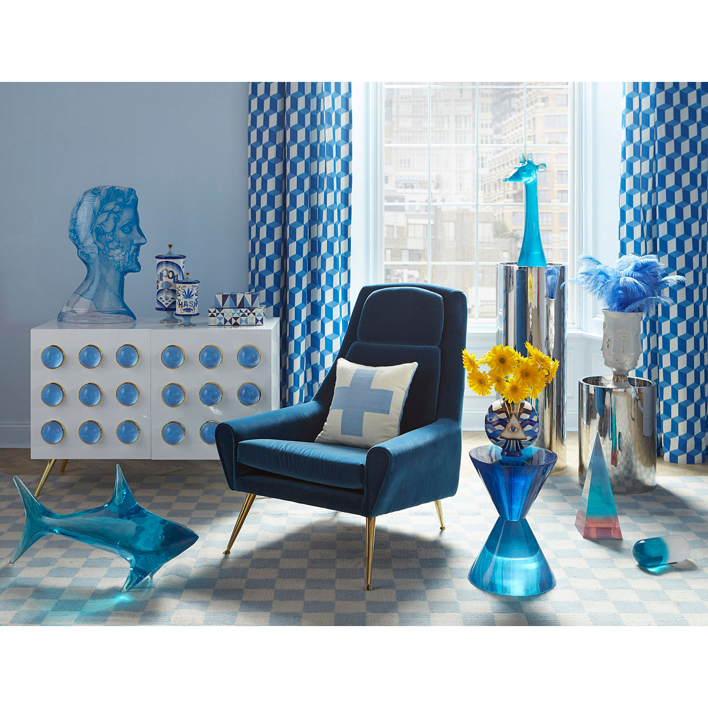 Jonathan Adler Teppich Checkerboard Small Scale Flatweave | Hellblau