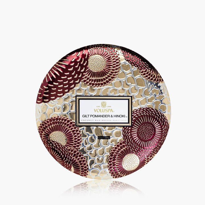 Voluspa 3-Docht Duftkerze Gilt Pomander Hinoki Limited Holiday Edition Dose mit Deckel