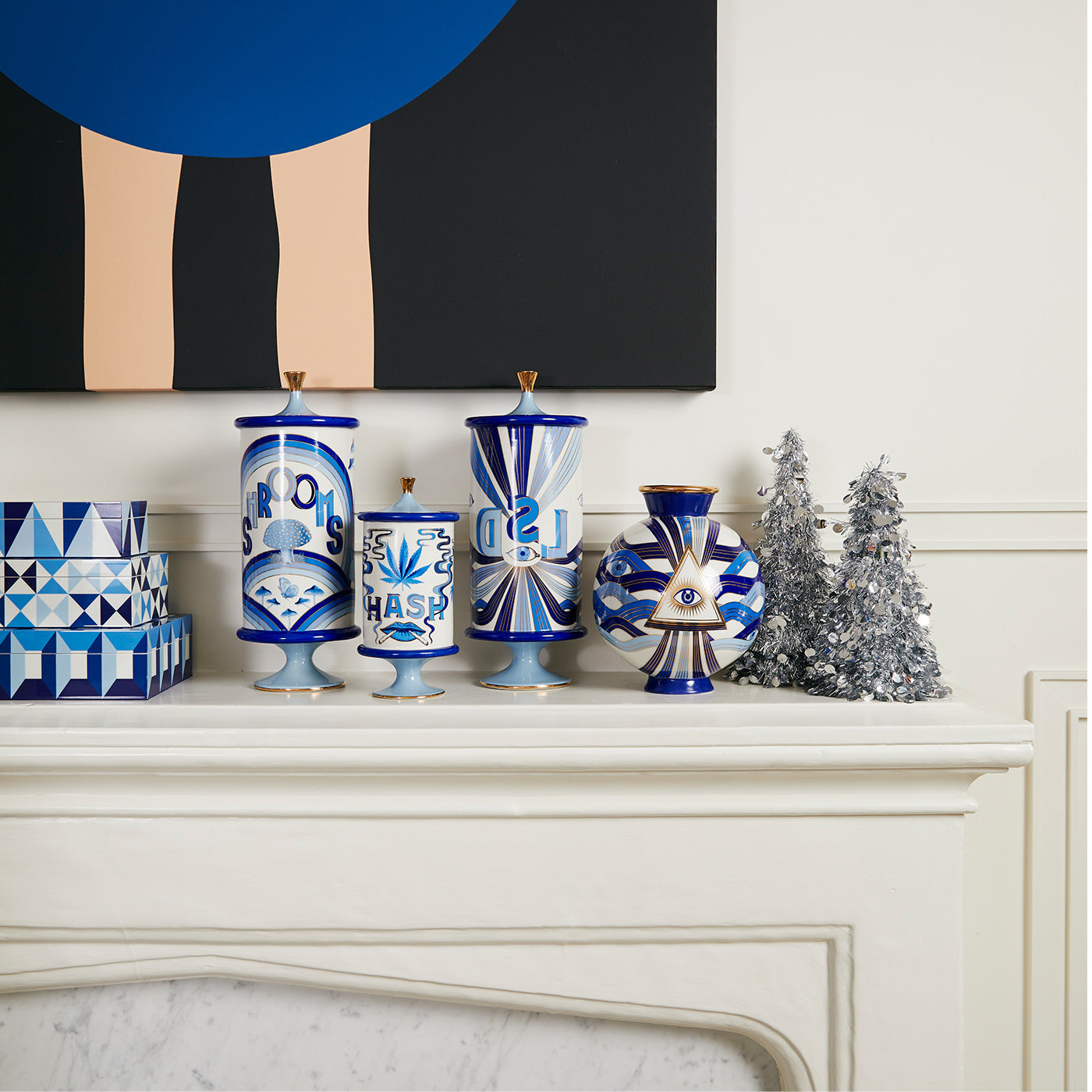 druggist pottery collection holiday vignette - styled view
