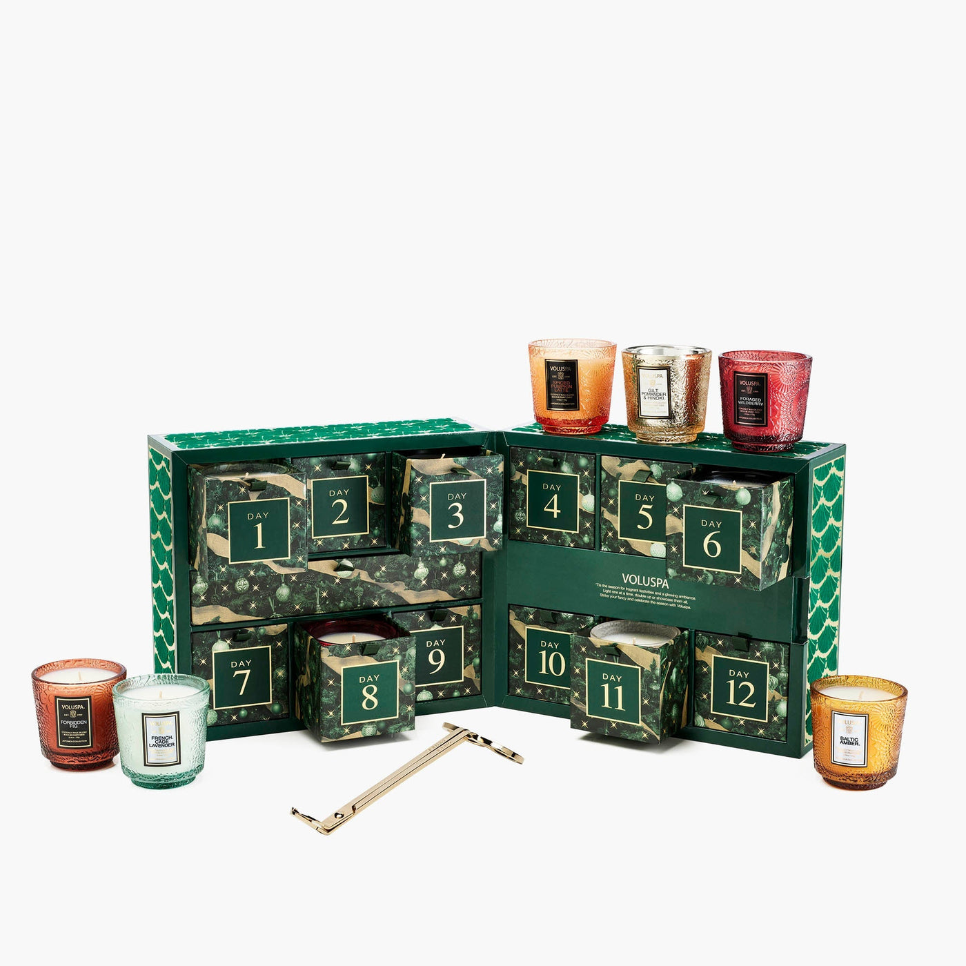 Voluspa Geschenkset Luxuriöser Adventskalender mit 12 Duftkerzen & Dochtschere