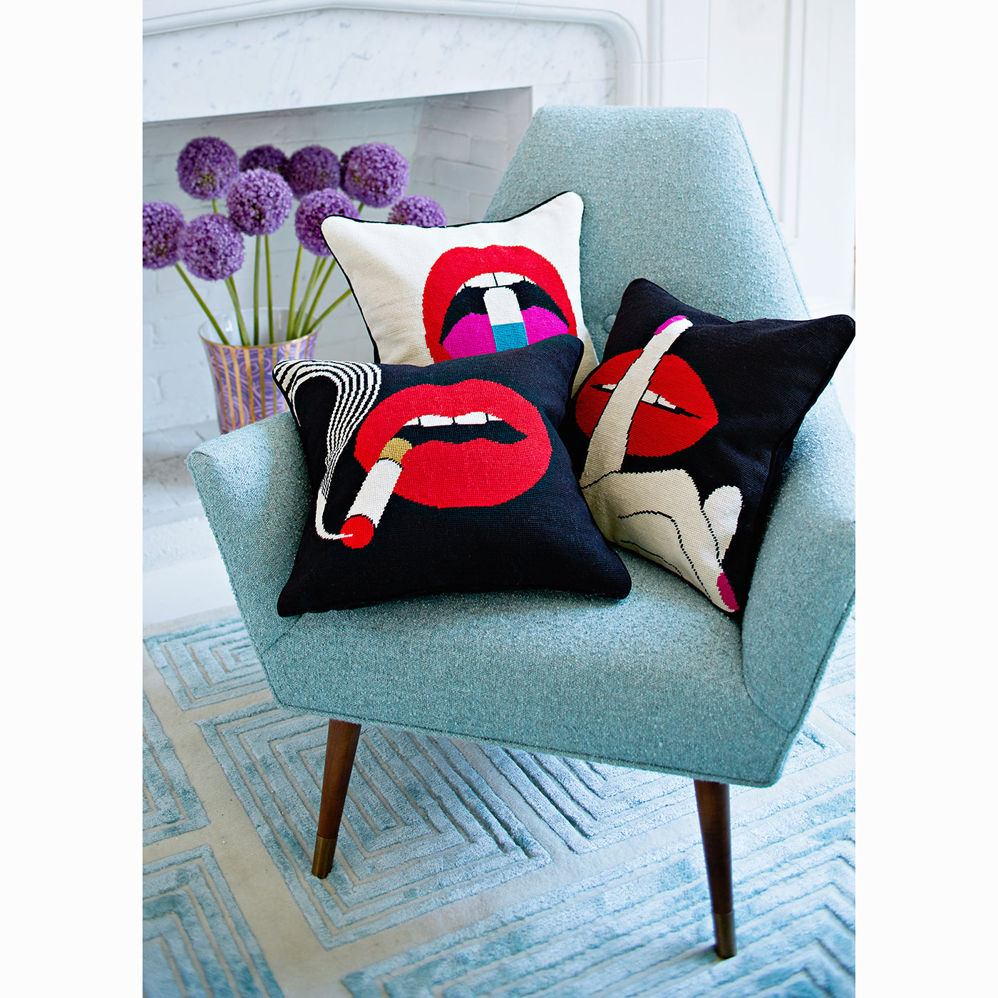 Jonathan Adler Needlepoint Kissen Lips Hush | 45x45 cm