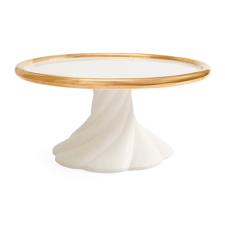 Jonathan Adler Tortenplatte Geneva mit weißem Porzellanfuß in Drapierform und breitem Goldrand