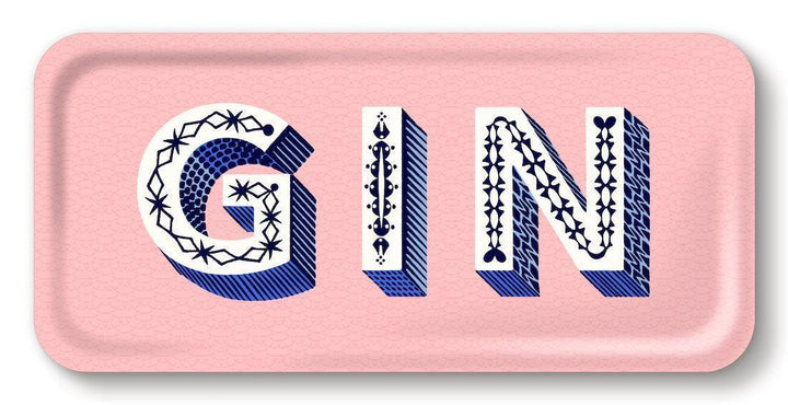 Rechteckiges Tablett rosa mit großem GIN-Schriftzug, Design Jamida of Sweden, stilvoll