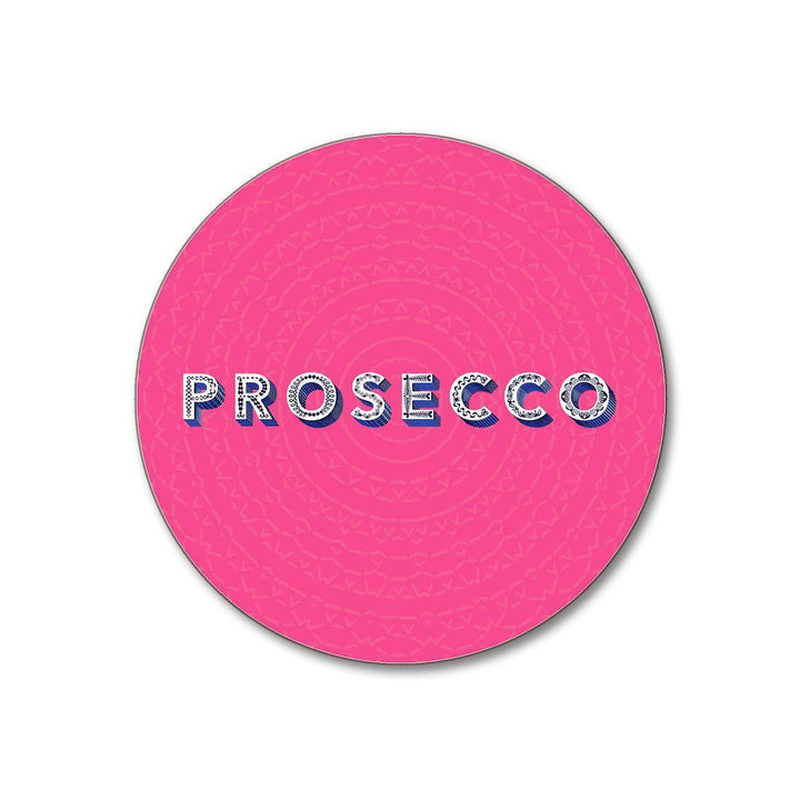 Runder, pinker Untersetzer mit Aufschrift PROSECCO, Jamida of Sweden, Glam Interior Accessoire