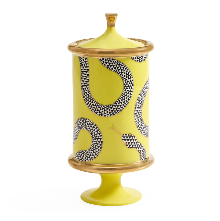 Jonathan Adler Eden Canister in Gelb mit Schlangenmotiv, Goldrand und Fußsockel