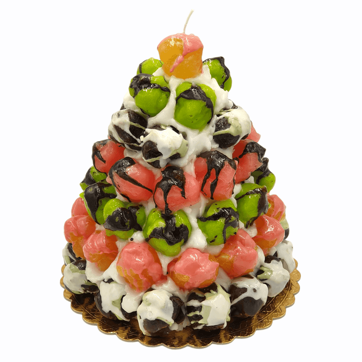Bunte Bignolata-Kerze mit rosa, grünen und gelben Wachs-Kugeln, stilvoll für Glam Interior