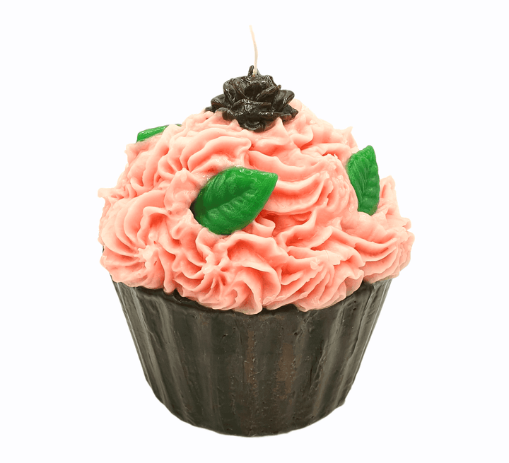 Maxi Cupcake Kerze in Schoko-Optik mit rosa Wachs und grünen Blättern, Codeso Living