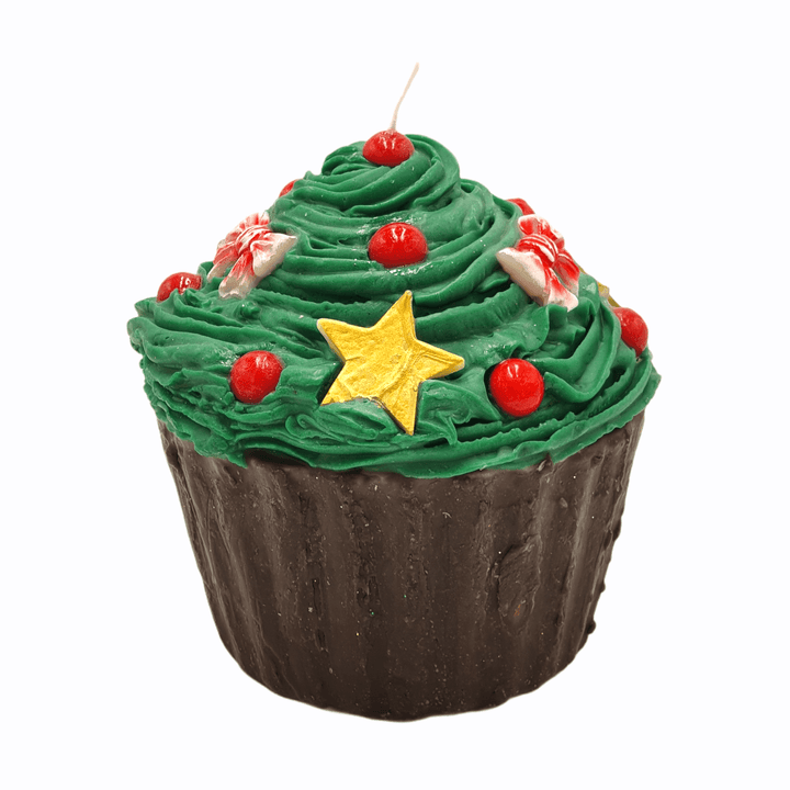 Weihnachtskerze im grünen Cupcake-Design mit Stern, roten Kugeln und Zuckerstangen