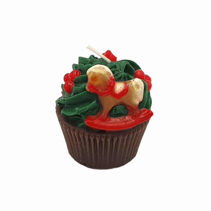 Weihnachtskerze im Cupcake-Design mit Schaukelpferd und grüner Deko, Codeso Living