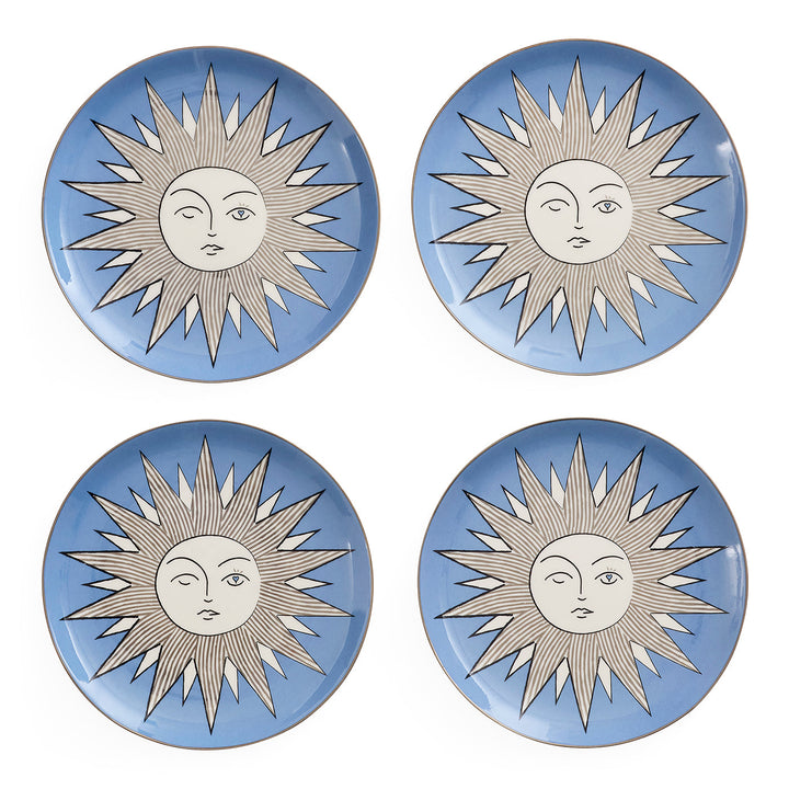 Vier Jonathan Adler Dessertteller Sun in Hellblau mit strahlendem Sonnengesicht