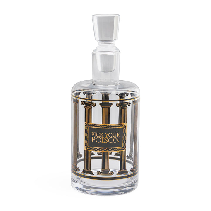 Jonathan Adler Dekanter Pick Your Poison aus Glas mit goldenem Gittermuster und Etikett, mit Glasstopfen
