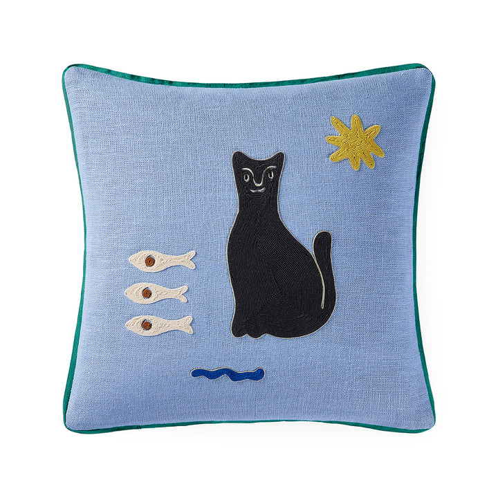 Jonathan Adler Kissen Playa Cat aus blauem Leinen mit Kordelstickerei, Vorderansicht