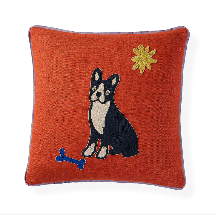 Jonathan Adler Kissen Playa Frenchie aus rotem Leinen mit Kordelstickerei, Vorderansicht