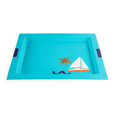 Jonathan Adler rechteckiges Leder-Dekotablett Playa Boat Tray | Türkis