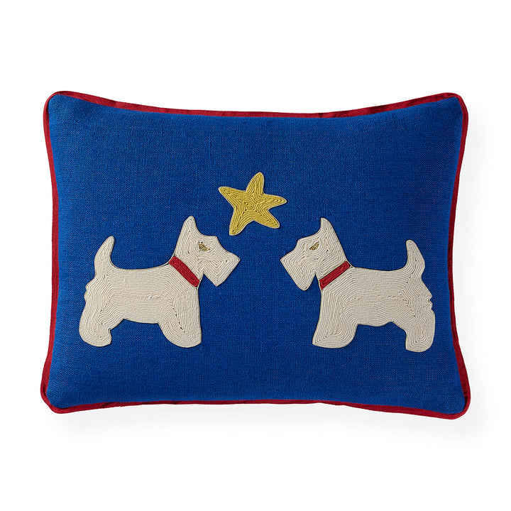 Jonathan Adler Kissen Playa Schnauzers aus blauem Leinen mit Kordelstickerei, Vorderansicht