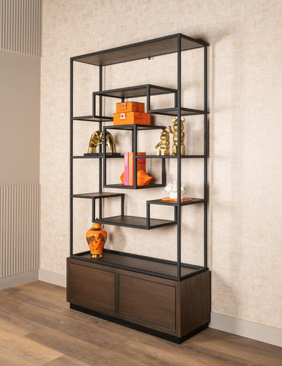 Richmond Interiors Hohes Wandregal Bonvoy mit 2 Schubladen braun | 222x120 cm