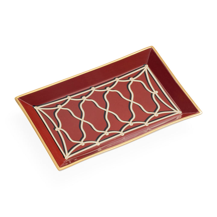 Jonathan Adler Ablageschale Rita Rectangle Tray von oben, rotes Porzellan mit weißem Bogenmuster und Goldrand