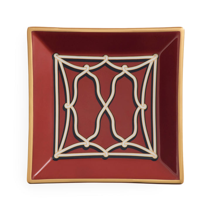 Jonathan Adler Ablageschale Rita Square Tray von oben, rotes Porzellan mit weißem Bogenmuster und Goldrand