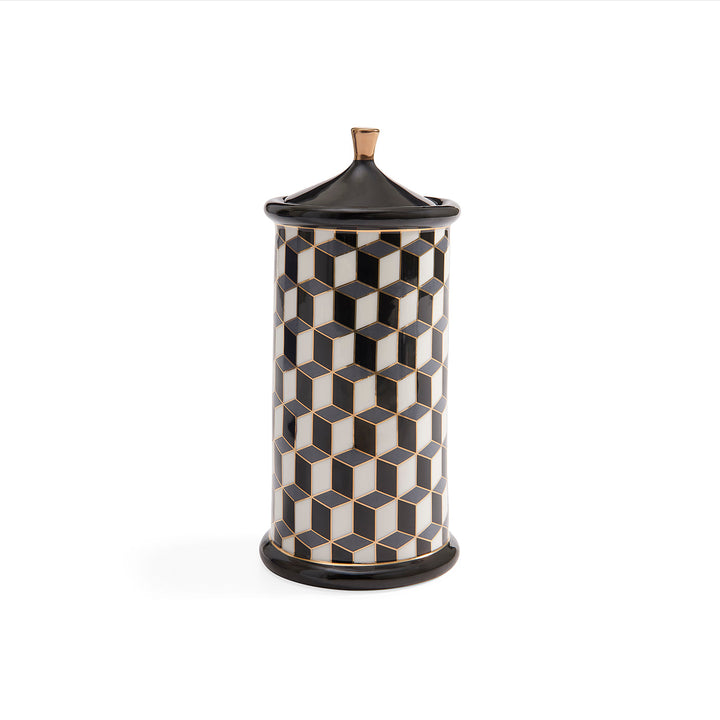 Jonathan Adler Vorratsdose Versailles 24 cm in Schwarz und Weiß mit Schachbrettmuster und goldenem Deckelknauf
