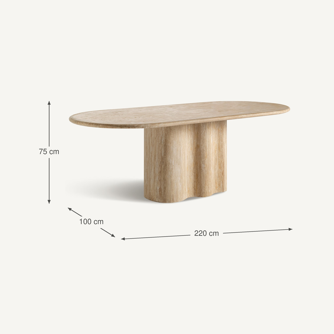 Vical Oval Travertine Dining Table Thiennes with organically curved base | 220x100 cm – Abmessungen