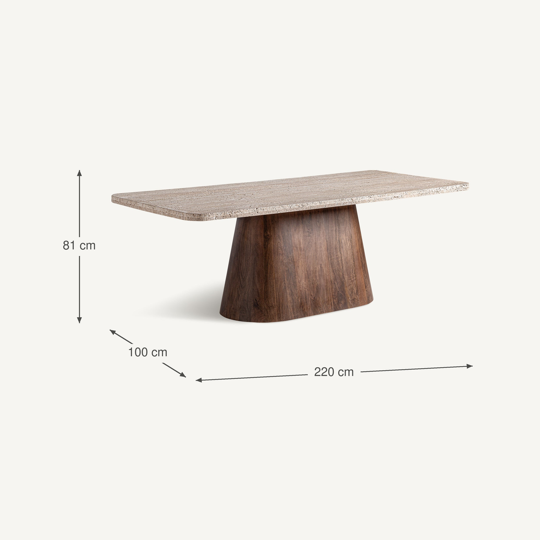 Vical Table à manger en travertin Sannum avec pied en bois | 220x100 cm – Abmessungen