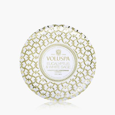 Voluspa 3-Docht Duftkerze Eucalyptus & White Sage | Dose mit Deckel