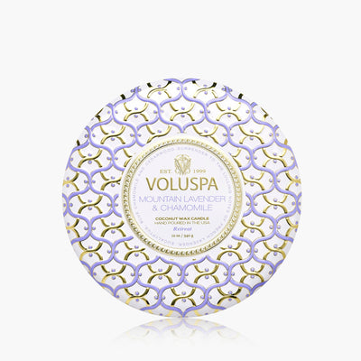Voluspa 3-Docht Duftkerze Mountain Lavender & Chamomile | Dose mit Deckel