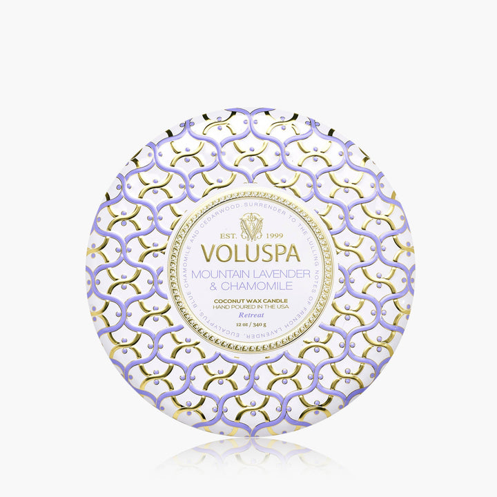 Voluspa 3-Docht Duftkerze Mountain Lavender & Chamomile | Dose mit Deckel