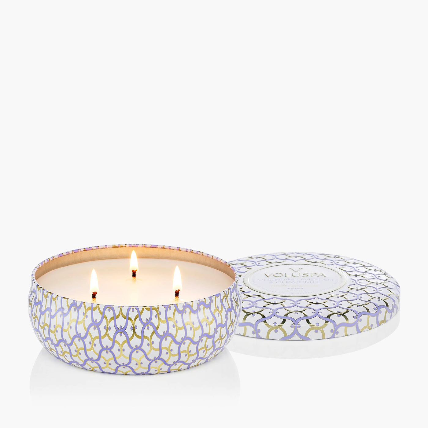 Voluspa 3-Docht Duftkerze Mountain Lavender & Chamomile | Dose mit Deckel